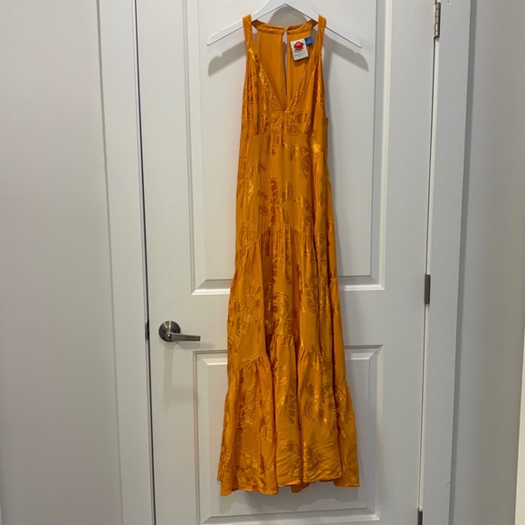 Farm Rio x Anthropologie Orange/Gold V-Neck Tiered Maxi Dress, Size S - Picture 14 of 14